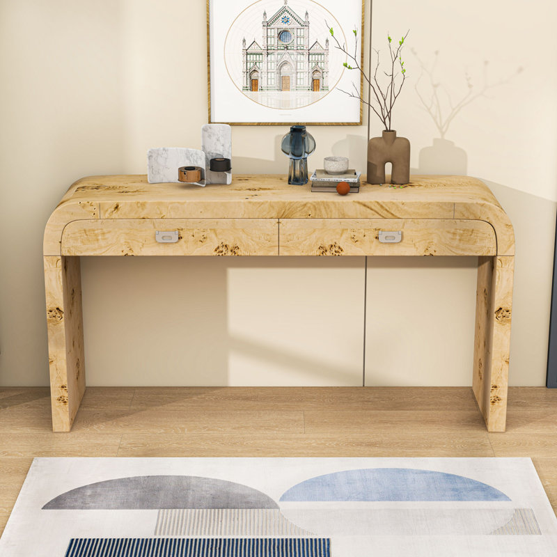 Console en bois avec 2 grands tiroirs, Brun bois naturel