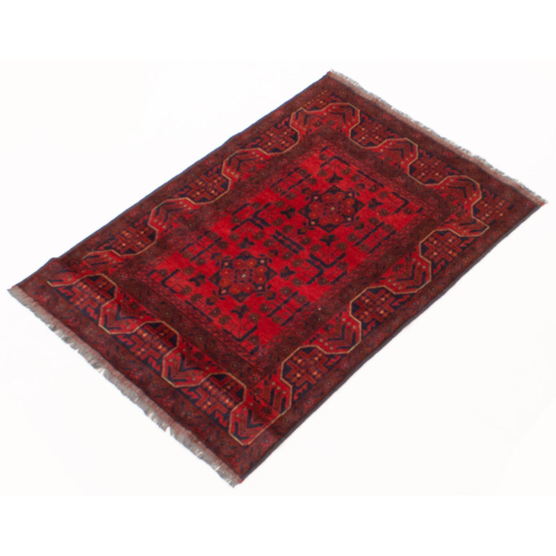 Tapis rouge en laine noué à la main de conception unique 3 pi 3 po x 4 pi 11 po nouvel âge Irimia
