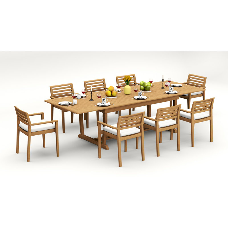 10 Seats 11 Pcs Grade-A Teak Wood Dining Set: 118" Double Extension Mas Rectangle Trestle Leg Table And 10 Montana Stacking Arm Chairs #11MT2510