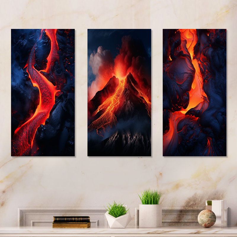 Volcano Volcanic Symphony - Ensemble de 3 décorations murales en métal Volcano, H 28 po x l 36 po