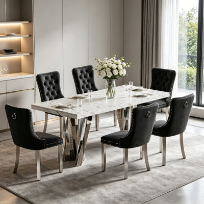 Modern Faux Marble Dining Table Set, Luxury 70.8" Dining Room Table with Velvet Upholstered Chairs, Luxurious Kitchen Table with Lightning Stainless Steel Pedestal, Rectangle Dining Table Set