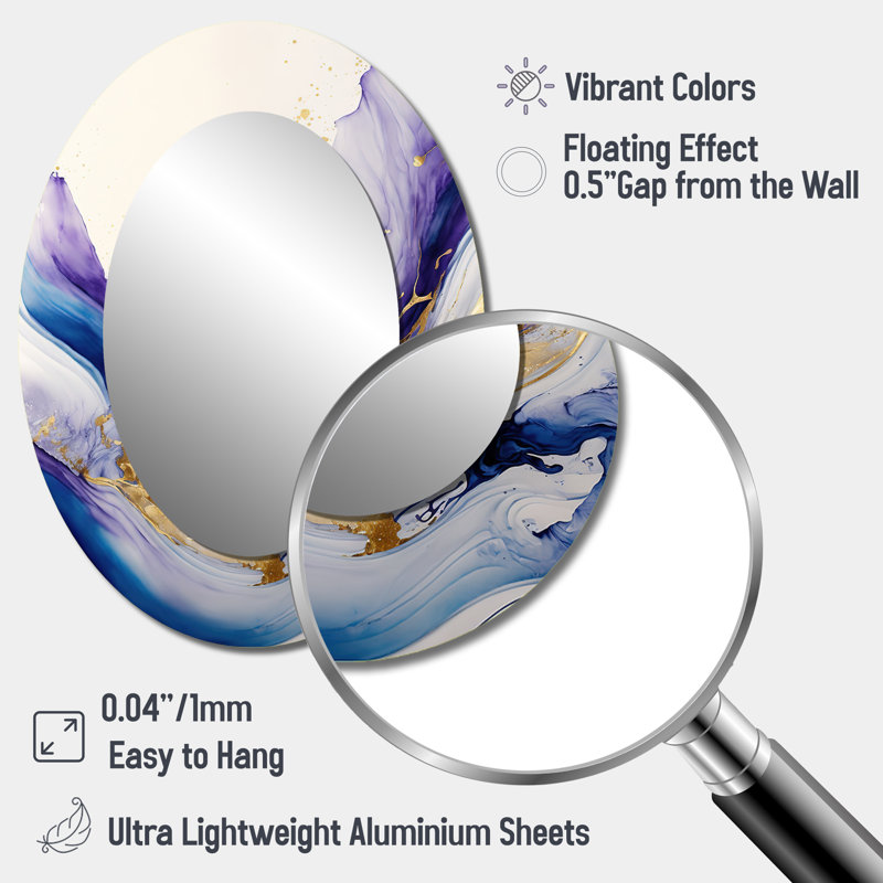 Bleu, or et mauve Splash Paint I - Miroir mural moderne ovale, 40 po x 30 po