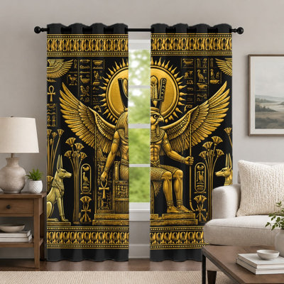 2Pcs Egyptian Mythology Pattern Curtains, Retro Cultural Style Curtain, Golden Hieroglyphic Print Decorative Grommet Drapes, Window Treatment for Bedroom Living Room Home Decor