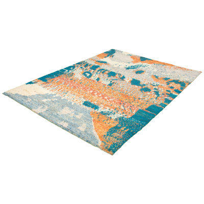 Tapis décoratif bleu en laine de conception unique 8 pi 5 po x 11 pi 10 po noué à la main New Age