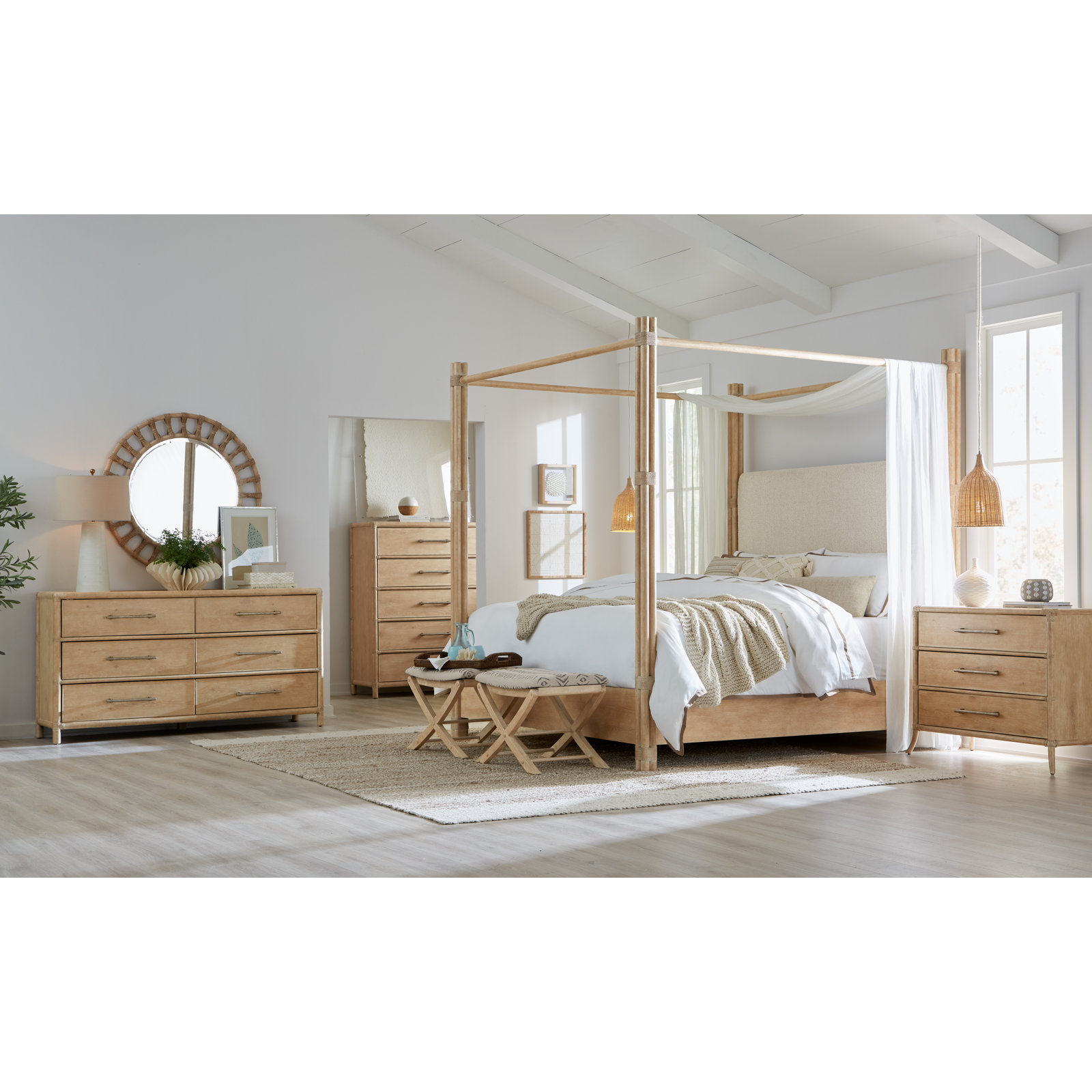 Isla Upholstered Woven Canopy Bed, Light Wood/Dune/Neo Cream, California King