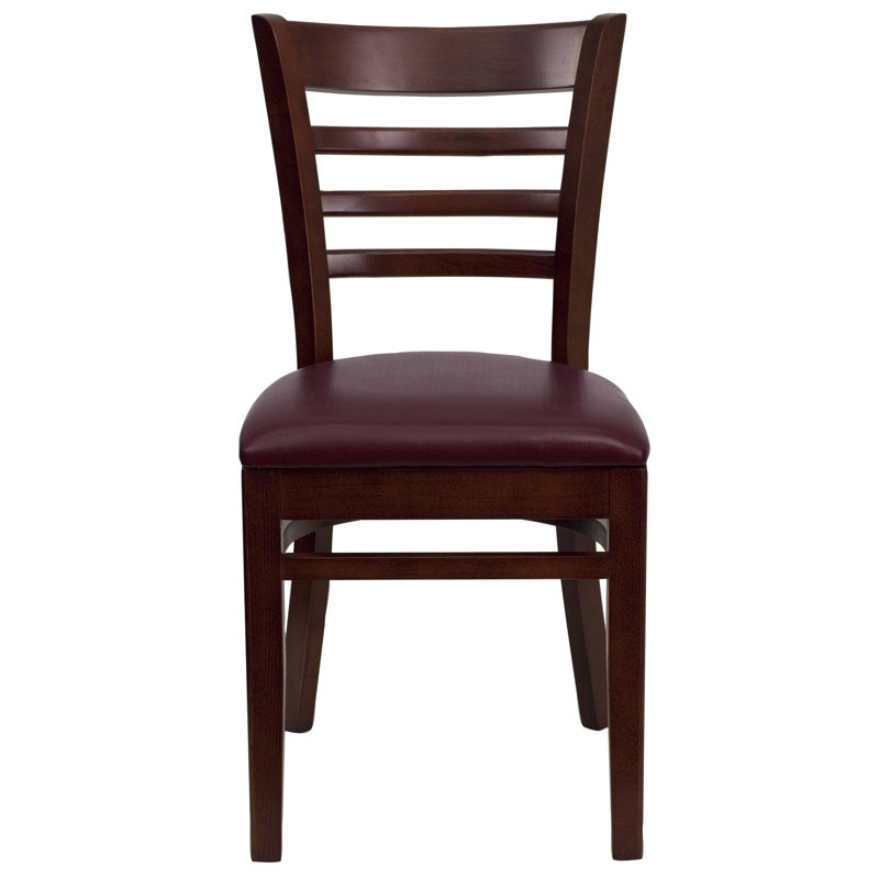 Lyman Ladder Back Wooden Restaurant Chair, Burgundy Vinyl, Mahogany
