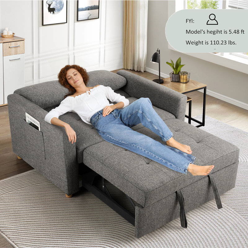 Ross 48.7"W Square Arm Linen Back Convertible Sleeper Sofa with Cushions, Adjustable Backrest for Small Spaces, Living Room