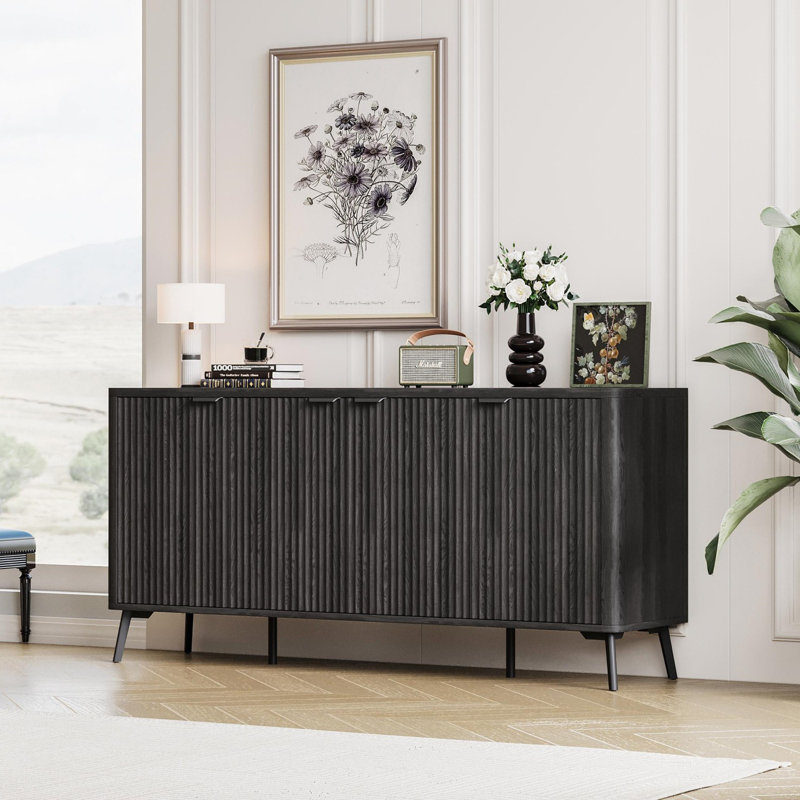 62.9 inch Flute Sideboard Cabinet with Adjustable Shelf, Curved Accent Cabinet with Metal Legs, Black