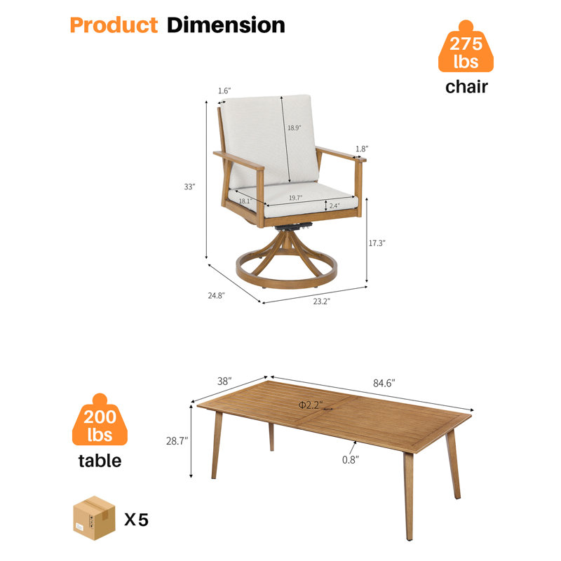 Seehill  Aluminum Outdoor Dining Set, Swivel Rotating Chairs & Table With Umbrella Hole, All-Weather Rust-Resistant Patio Furniture For Backyard, Poolside, Rooftop, Commercial Use