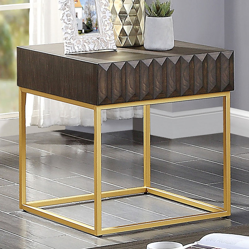 Table de bout de style contemporain, mélange de métal et de bois massif, tiroirs dissimulés, pieds en acier doré, finition noyer, glissières de roulement, bordure de table texturée - bord de table de 23 po x 23 po x 24 po de profondeur, largeur de 24 po