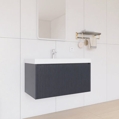 Meuble-lavabo flottant 36 po avec comptoir en acrylique 36 po | Armoire en bois cannelé, tiroir à plomberie en U