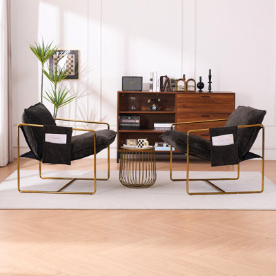 2 fauteuils dans 1 boîte, fauteuil rembourré avec poches. Structure en métal gris foncé, fabrication artisanale dorée, coussins en mousse écrasée, tissu en velours tissé pour le salon, la chambre à coucher. Moderne