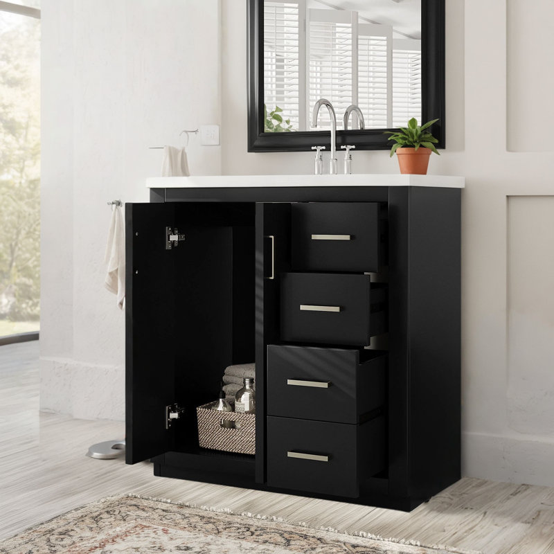 Ensemble de meuble-lavabo autoportant (30 po): ensemble de lavabo en céramique + armoire de rangement à cadre en bois massif, 3 tiroirs + porte à fermeture en douceur