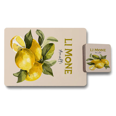 Li Moné Amalfi Collection Lemon Placemat And Coaster Set In Wood Bottom Designer Artwork Limited Edition
