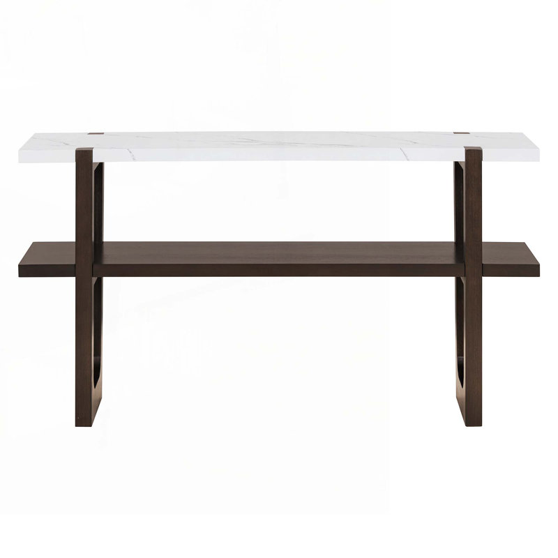 Wood Console Table with  Open Shelf,  Marble-Effect Top, Espresso