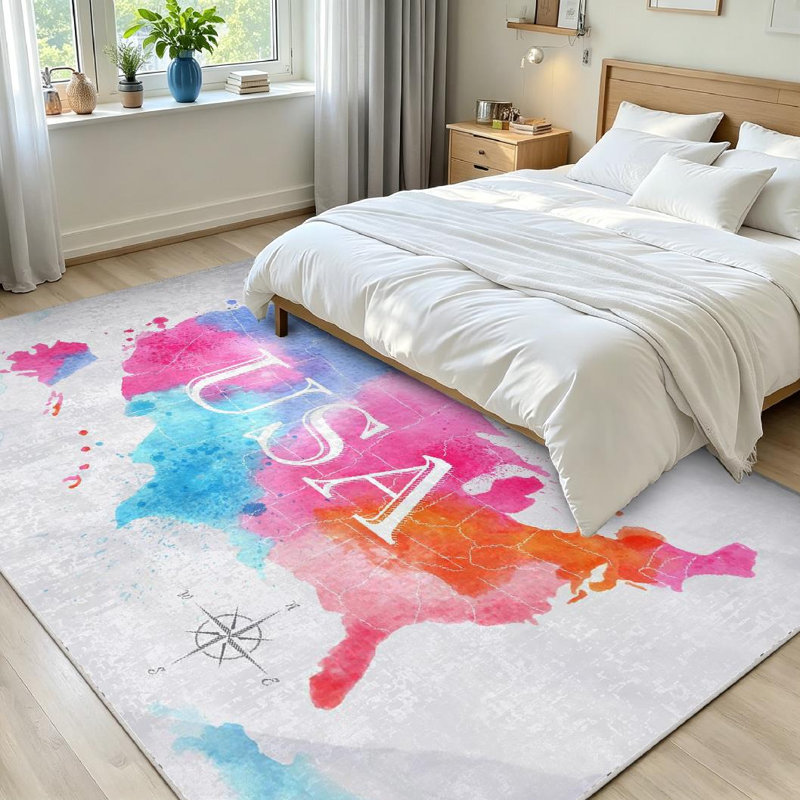 Tapis d'intérieur bleu lavable à la machine, motif carte des États-Unis à l'aquarelle, Rectangle 71" x 98"