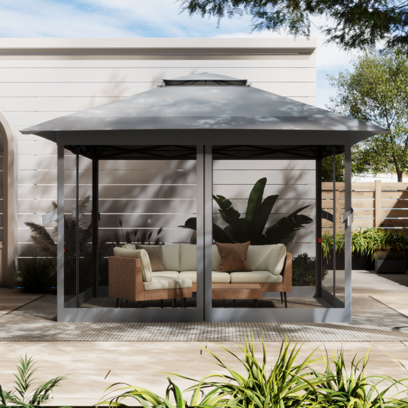 Pavillon de jardin escamotable 12 pi x 12 pi avec moustiquaire - gris, Gris