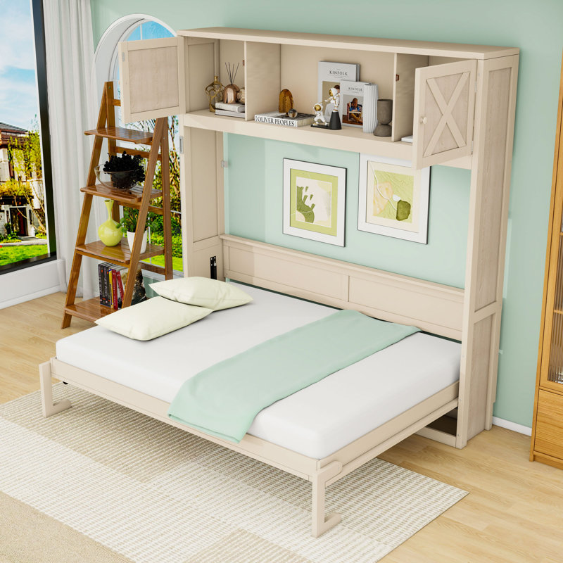 Grand lit escamotable avec tablettes de rangement et lattes intégrées, Beige