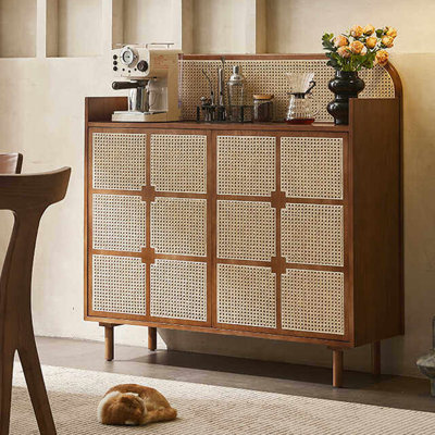 Wabi-Sabi Style Solid Wood Rattan-Woven Accent Cabinet