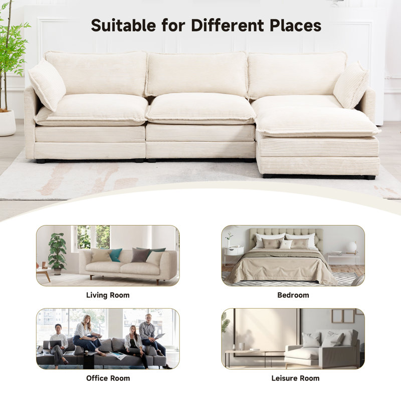 Redenius 4-Piece 112'' Upholstered Corduroy L-Shape Sectional, Beige Corduroy