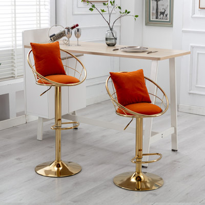 Tabourets de bar réglables en velours orange, conception dorée moderne pour la salle à manger
