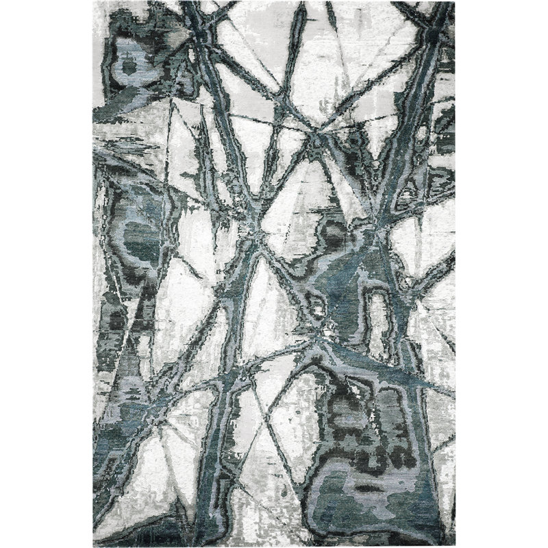 Handwoven Wool Area Rug in Ivory/Green/Light Gray