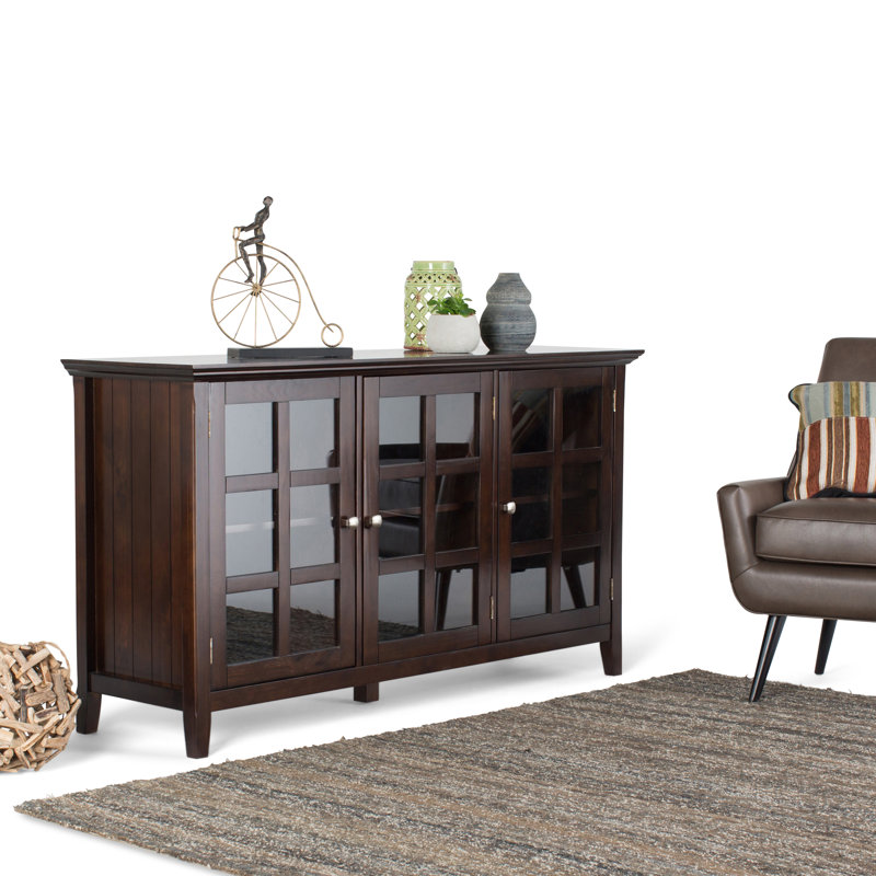 Acadian 62"W Solid Wood Transitional Storage Cabinet with Glass Doors and Adjustable Shelves, Brunette Brown