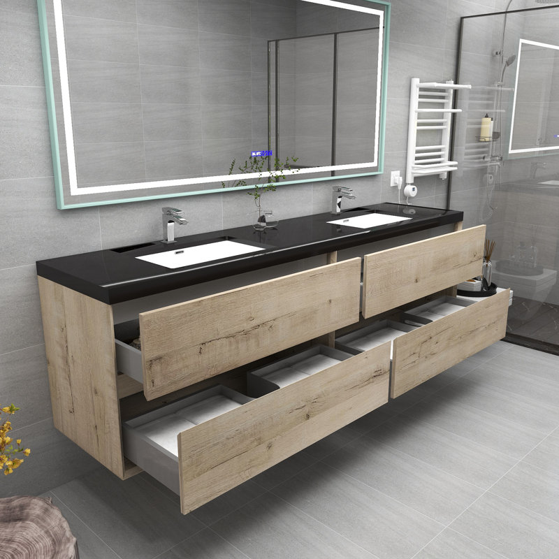 Calarco Kody 84" Wall-Mounted Double Bathroom Vanity Set, Light Oak