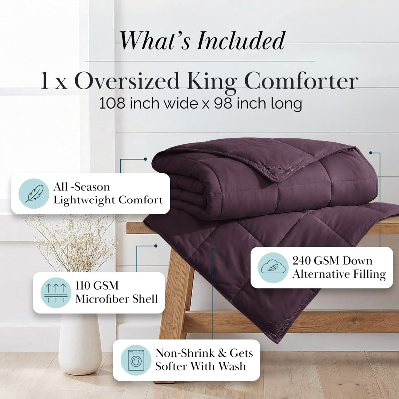 Southshore Fine Linens Vilano Down Alternative Comforter, 240 GSM Double-Brushed Microfiber Oversized All-Season Comforter with Box Stitching, Piped Edges and Corner Tabs, King/California King, Purple
