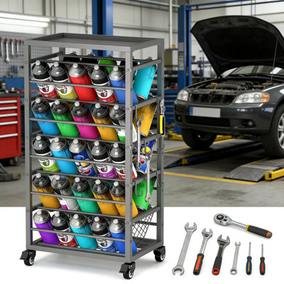 Chariot de peinture en aérosol en métal robuste avec plateau de rangement et roues verrouillables, support de rangement mobile pour garage, atelier et espace de travail