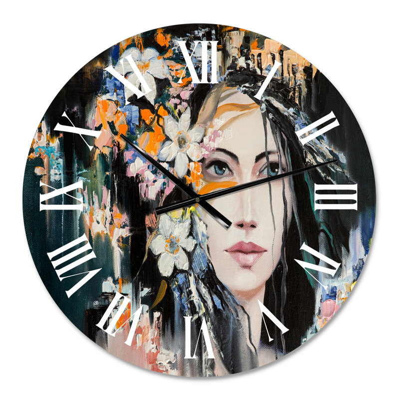 Portrait d'une jeune femme avec des fleurs I - horloge murale moderne, Petit