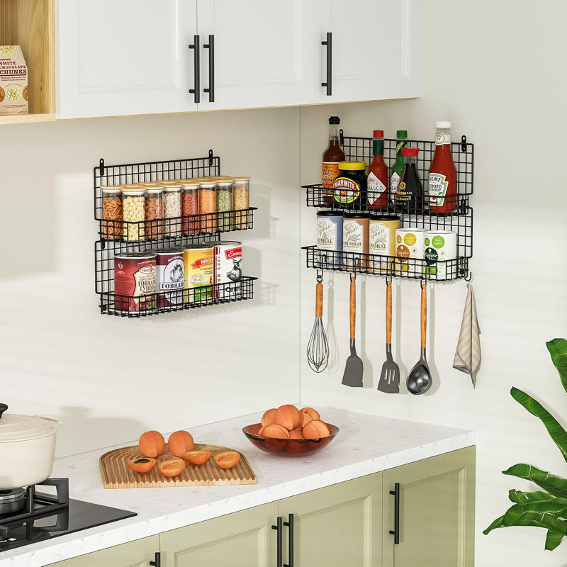  Grand support à épices mural pliable à 4 niveaux amélioré, rangement empilable avec 5 crochets, pouvant contenir 80 pots pour l'organisation de garde-manger