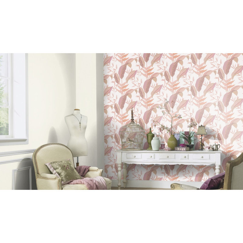 Papier peint texturé floral, Rose / brun / blanc