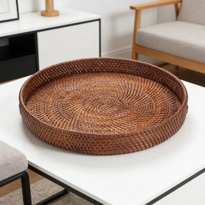 Large Round Rattan Serving Tray With Handles, Woven Wicker Basket For Coffee Table Decor, Living Room, Dining, And Home Organization