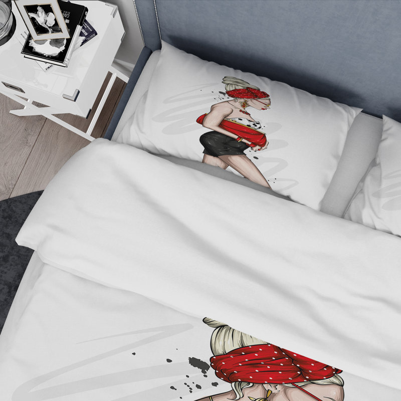 Beautiful And Stylish Girl In Red I - Ensemble de housse de couette moderne - Microfibre de polyester
