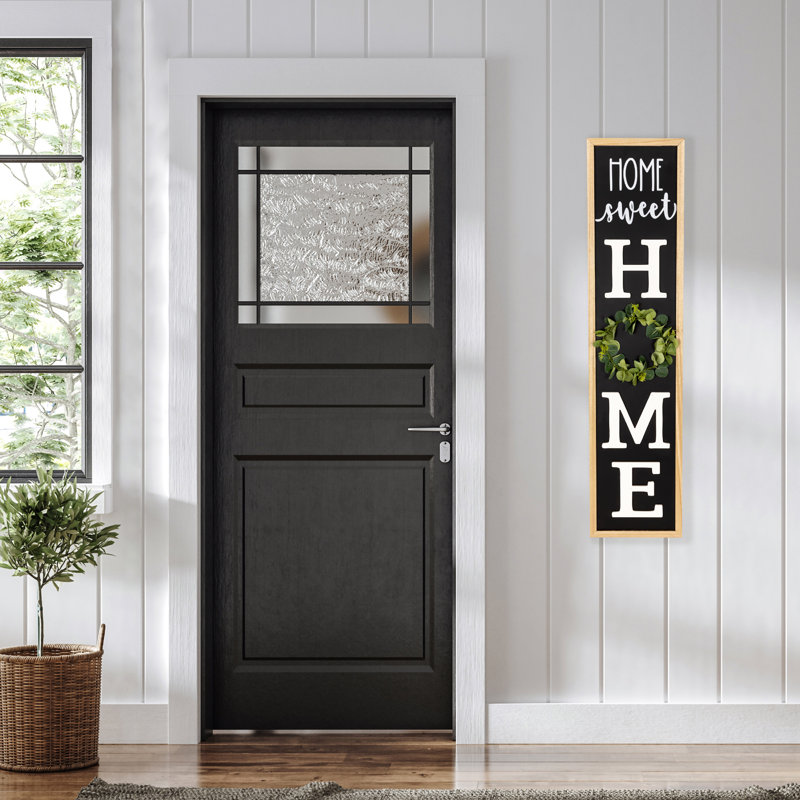 Black and Natural Wood Outdoor Porch Sign with Wreath Accent