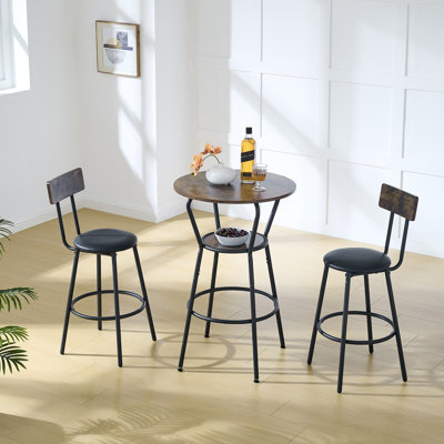 Versatile Round Bar Table and Upholstered Stool Set with Shelf, Comfortable Stools with Backrest for Various Settings