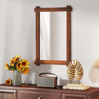 Miroir mural incassable avec cadre en bois d'acacia et design de rivet rétro