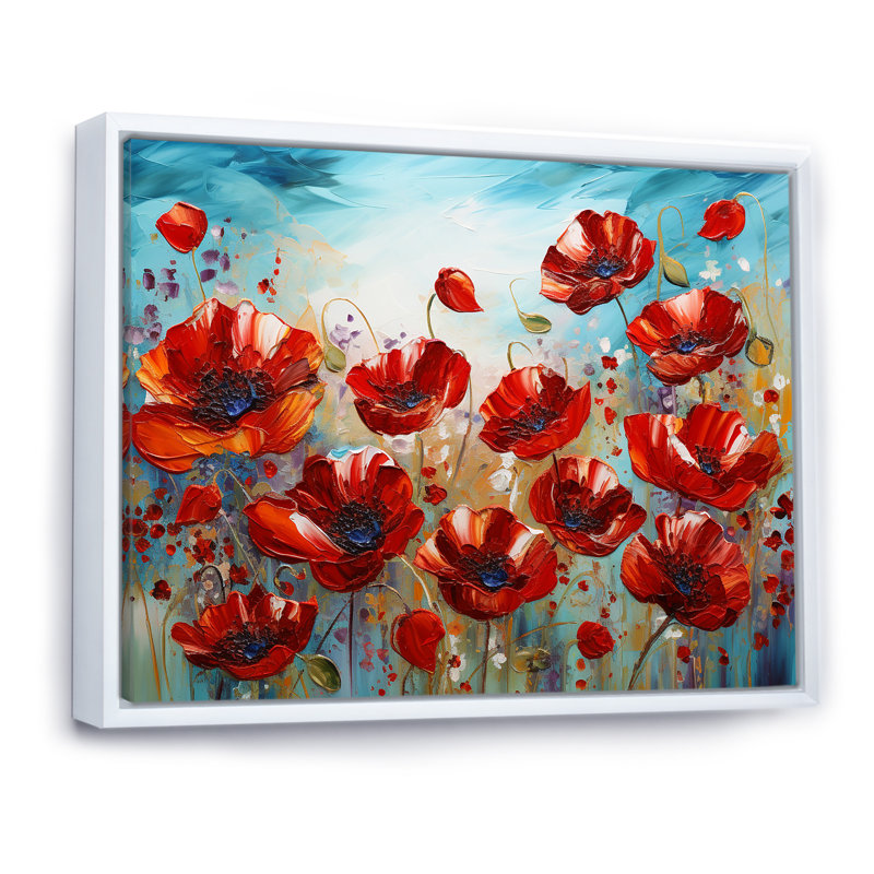 Coquelicots rouges en fleurs sur toile, H 16 po x l 32 po x P 1 po, Cadre flottant blanc