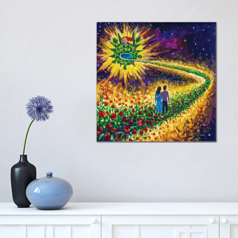 Couple In Love Walk Flower Road In Cosmos To Their Dream by Valery Rybakow - Wrapped Canvas Painting