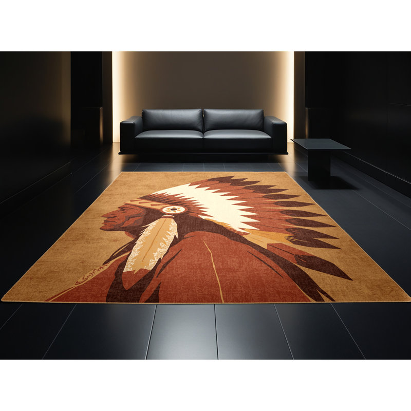 Soft Plush Barreto Feathered War Chief Classic Block Print Area Rug in Brown – LightBrown Binding, 7x10