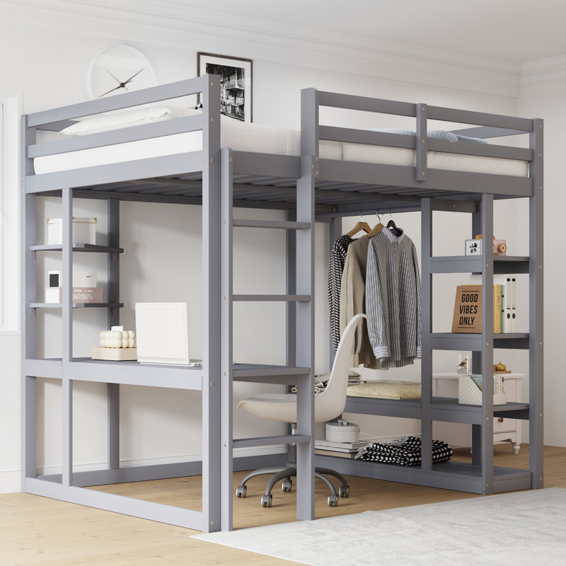 Harriet Bee - Solid Wood Kids Loft Bed With Ladder, Desk, Shelves & Clothes Rail, Grey
