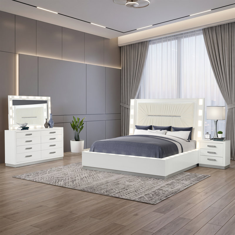 Janata King 2PC White, 4 Pieces: Bed, Nightstand, Mirror, Dresser, Très grand lit