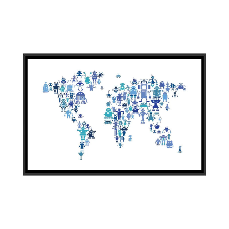 " Hues Of Blue Robots " by Michael Tompsett, 18" H x 26" W x 1.5" D, Black Framed Canvas, No Mat