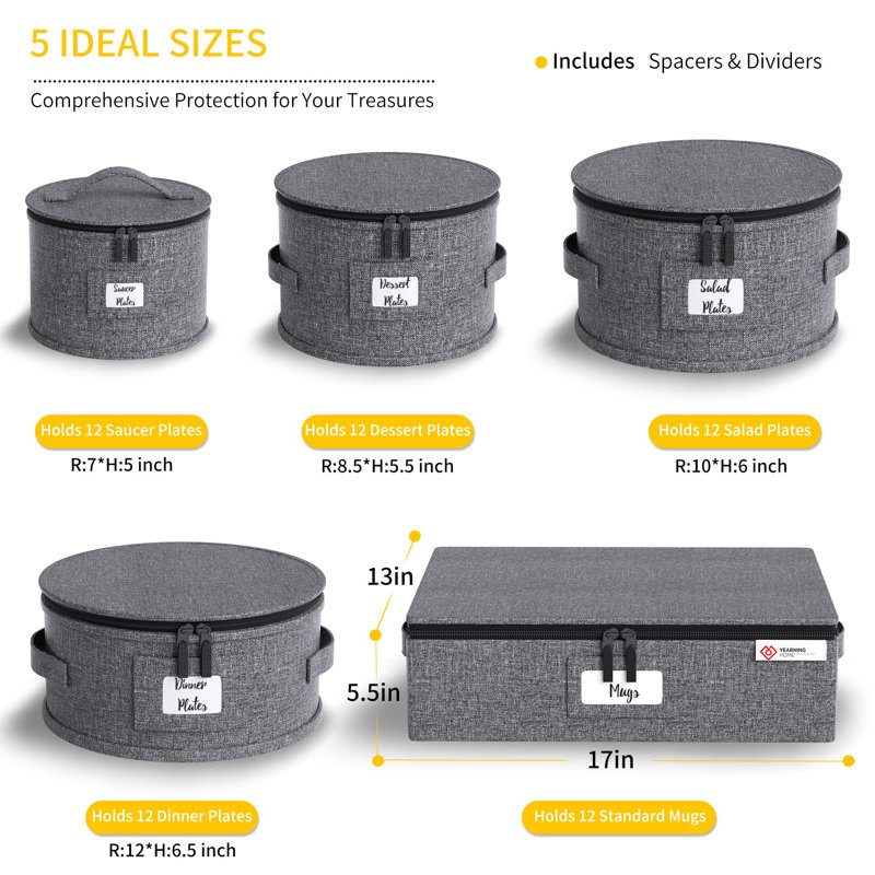 Storage Containers Hard Shell Box For Moving Dishes, Plate, Saucers, Dinnerware, Mugs, For Packing Fine China Storage Containers 5Piece Grey