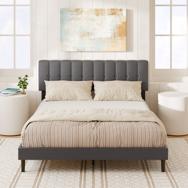 Upholstered Bed Frame with Adjustable Headboard, Queen
