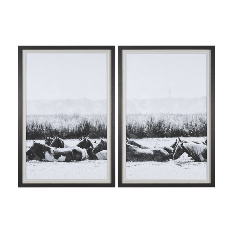 «Water Horses III 1» par PH Burchett, reproduction d'art encadrée et texturée encadrée à la main, H 43 po x l 63 po, 2