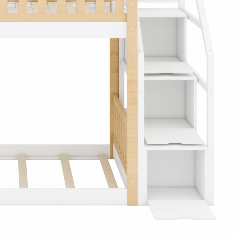 Lit superposé de style maison avec escalier de rangement et barrière de sécurité