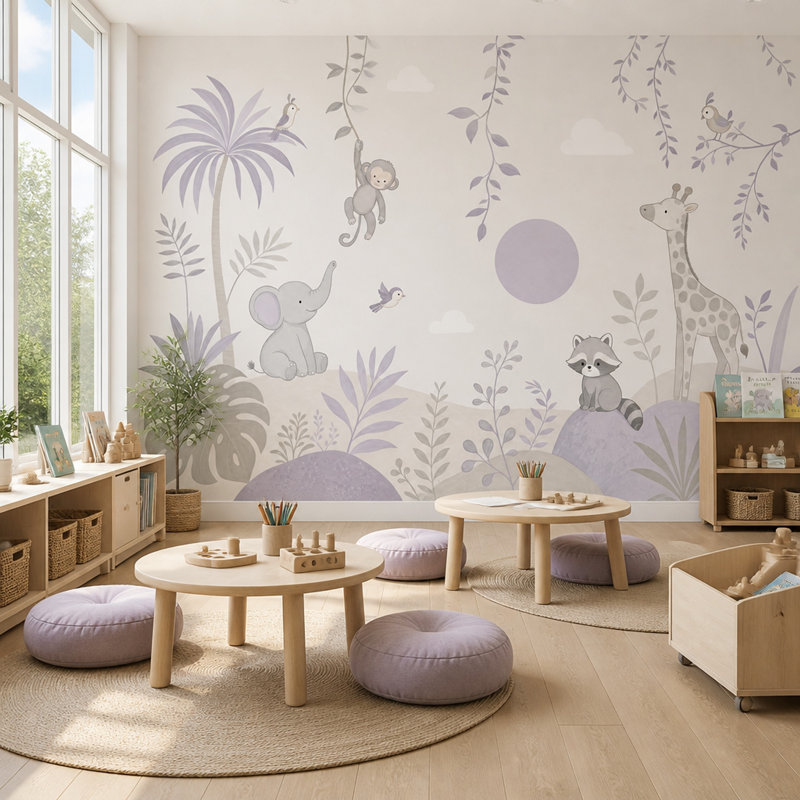 Pépinière, papier peint jungle, animaux safari, décoration murale, feuillage tropical, amovible, 200"x120", Peel and Stick