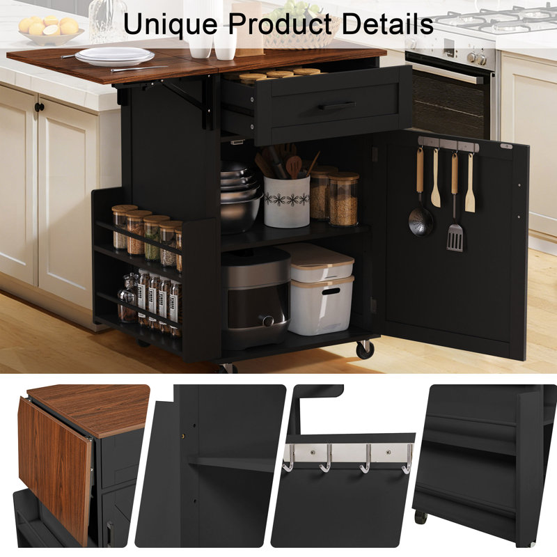 39.3" Farmhouse Kitchen Island With Drop Leaf, Black
